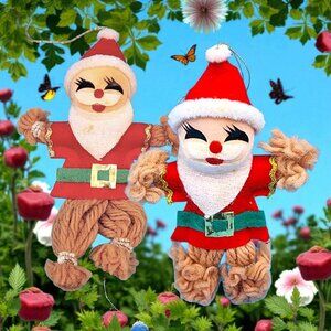 Vintage Santa Claus Yarn Ornaments Felt 1950s Christmas Pipecleaner Gold Trim Se